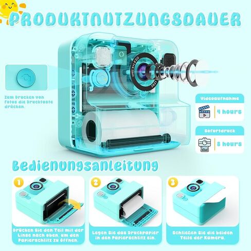 Kids Camera Instant Print, 48MP Digital Camera Selfie 1080P HD,Toys Gifts for Girls Boys Aged 3-16,Digital instant video printing cameras with 3 rolls of paper and 32 GB for Christmas/Birthday/Holiday in Kuwait
