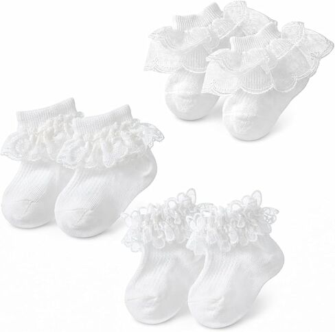 3 Pairs Baby Girl Ruffle Socks, White Double Lace Frilly Socks Cotton Dress Ankle Socks for Newborn Infant Toddler in Kuwait