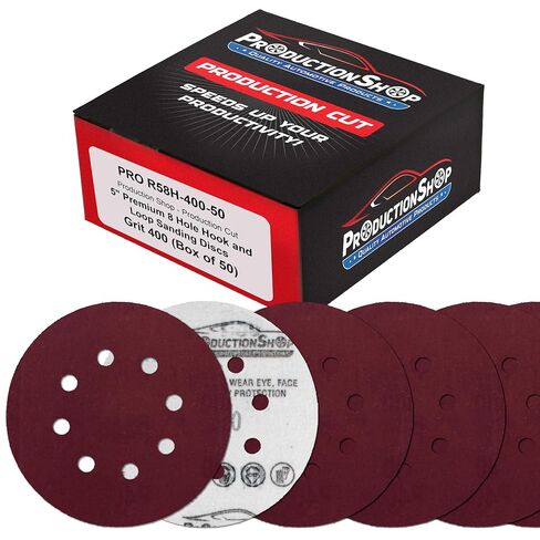 ProductionShop 5" Red 8-Hole Pattern Sanding Discs, 50 Disc Variety Pack, Grits 80, 100, 120, 150, 180, 220, 320, 400, 600, 800 - Hook & Loop Sandpaper for Random Orbital Sanders - Woodworking, Paint in Kuwait