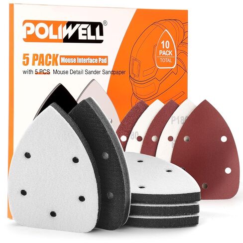 POLIWELL Mouse Sanding Interface Pad 5 Pack 5 Holes Hook and Loop | 40-240 Grits, Triangle Sanding Backing Pads for Mouse Sander Sandpaper, Detail Sanding in Kuwait