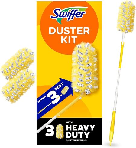 Swiffer Duster Kit with 3 ft Extendable Handle | Includes 1 Duster Extendable Handle (3 ft). 3 Heavy Duty Duster Refills. For Ceiling Fans, Vents, and Hard to Reach Places in Kuwait