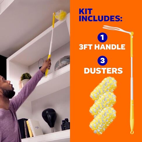 Swiffer Duster Kit with 3 ft Extendable Handle | Includes 1 Duster Extendable Handle (3 ft). 3 Heavy Duty Duster Refills. For Ceiling Fans, Vents, and Hard to Reach Places in Kuwait