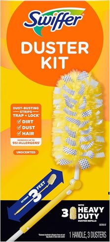 Swiffer Duster Kit with 3 ft Extendable Handle | Includes 1 Duster Extendable Handle (3 ft). 3 Heavy Duty Duster Refills. For Ceiling Fans, Vents, and Hard to Reach Places in Kuwait