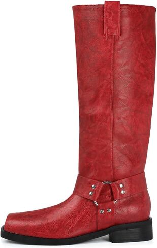 FIFSY Women's Knee High Boots Square toe Low Heel Buckle Boots Pull-on Motorcycle Biker Riding Boots Wide Calf Fashion Tall Boots in Kuwait