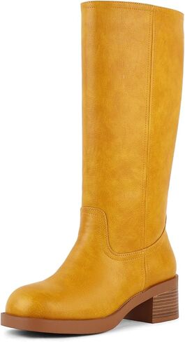 FancyQueen Knee High Boots for Women Banana Campus Square Toe Fall Boots | 1.5" Chunky Low Block Heel with Platform, Pull-On, Durable Leather, Knee-High – Comfort for Campus, Daily Outfits & Travel in Kuwait