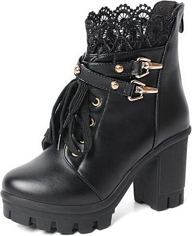 MEOTINA Women Platform Boots Black Chunky Heel Ankle Booties Lace Buckle Combat Boots with Zipper High Heel Goth Shoes in Saudi Arabia