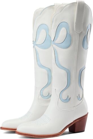 Women's White Cowgirl Boots with Bow Knee High Cowboy Boots Almond Round Toe Chunky Heel Embroidered Western Cowboy Boots for Women in Kuwait