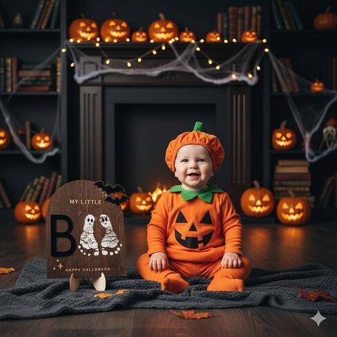 My Little Boo Wooden Halloween Sign – Baby Footprint Ghost Keepsake Plaque – Happy First Halloween Nursery Décor – Rustic Wooden Tabletop Sign for Newborn. Halloween baby in Kuwait