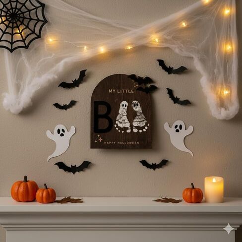 My Little Boo Wooden Halloween Sign – Baby Footprint Ghost Keepsake Plaque – Happy First Halloween Nursery Décor – Rustic Wooden Tabletop Sign for Newborn. Halloween baby in Kuwait