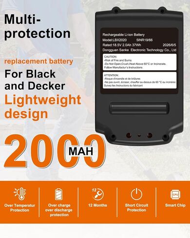 18.5V-20 Volt MAX 2.0Ah Lithium Replacement for Black and Decker Battery LBXR20 LBX20 LB20 LB2X4020 Compatible with 20V Black and Decker Power+ Tools and All Power Lithium Ion Battery 2000mAh in Saudi Arabia