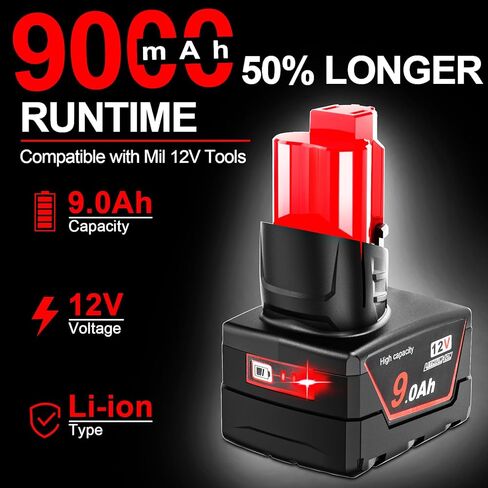 2 Pack 12V 9A Batteries Compatible with Milwaukee 12V Cordless Power Tools | 9A Replacement Batteries Replaces 48-11-2412 48-11-2460 48-11-2401 (Not Made in Milwaukee) in Kuwait
