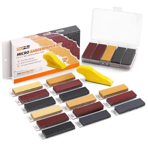 POLIWELL 120pcs Micro Detail SanderPaper Kit with Storage Box,3.5" x 1" Hand Sanding Block for Small Projects,3-in-1 Sand Paper Kit,80-600 Grit Sandpaper Assortment Pack for Wood Tight Narrow Spaces in Kuwait