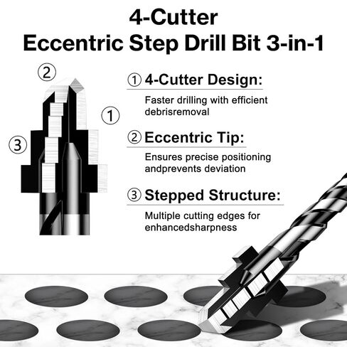 Lytool Tungsten Carbide Porcelain Tile Drill Bits Set with 1/4" Hex Shank | 4-cutter eccentric step design for dry & wet drilling on granite, glass, marble & wood. Metric & imperial sizes in Kuwait