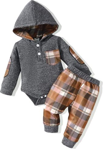 Renotemy Baby Boy Clothes 0-3 Months Winter Newborn Flannel Romper Outfits | Preemie Newborn Boy Going Home Outfits Essential,Infant Hoodie Brown Plaid Flannel Romper,Fall Winter Long Sleeve Boy Clothes in Kuwait