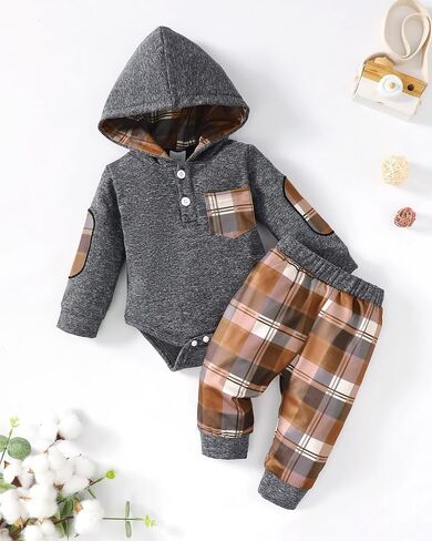 Renotemy Baby Boy Clothes 0-3 Months Winter Newborn Flannel Romper Outfits | Preemie Newborn Boy Going Home Outfits Essential,Infant Hoodie Brown Plaid Flannel Romper,Fall Winter Long Sleeve Boy Clothes in Kuwait