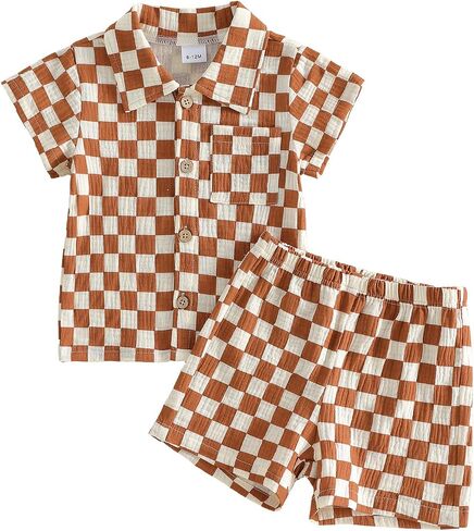 Baby Boy Summer Outfit Checkered Plaid Short Sleeve Button Down Shirt Top Shorts Set Toddler Checkerboard Outfit in Kuwait