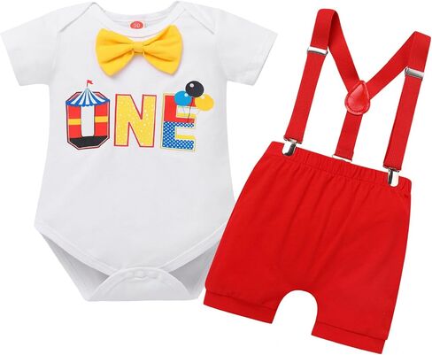 Baby Boy First Birthday Clothes, Circus Carnival 1st Birthday Outfit | Cake Smash Outfits Bow Tie Romper Suspender Shorts Set in Kuwait