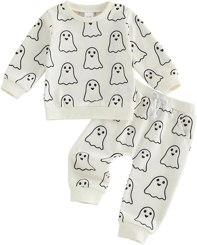 Bagilaanoe Halloween Outfit Toddler Baby Boy Long Sleeve Sweatshirt Pullover and Pants Ghost Printed Clothes Set in Kuwait