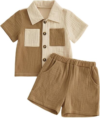 Baby Boys Summer Outfit Color Blocking Button Down Shirts + Shorts Cotton Gauze 2PCS Toddler Clothes Set with Pockets in Kuwait