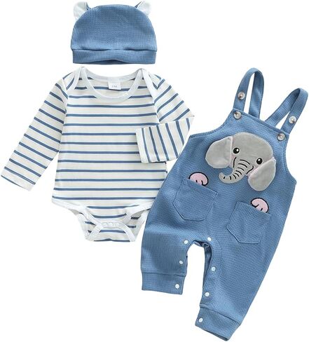 Baby Boy Fall Outfit Stripe Romper/Shirt Cartoon Overall Pants Set | Cute Animal Pattern, Long Sleeve, Waffle Knit/Corduroy, Newborn Boy Fall Winter Clothes, 3Pcs Set for Birthday, Photoshoot in Kuwait