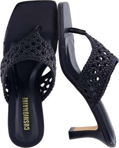 CUSHIONAIRE Spryte Flared Kitten Heels for Women, Square Toe Thong Heeled Sandals with Woven Braided Strap and Slip On Mule Style in Kuwait