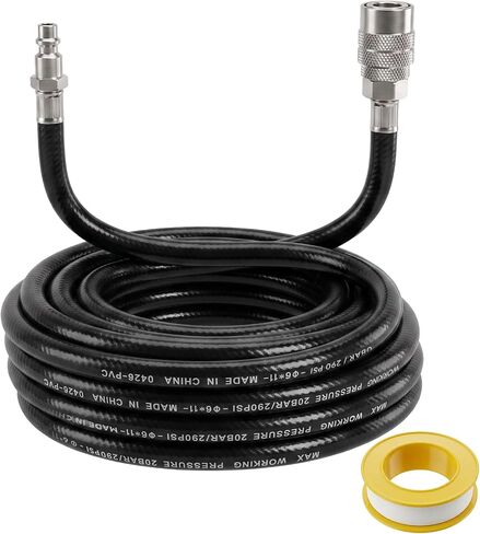 1/4" Air Compressor Hose, 26ft 300 PSI Air Line, 3-Layer PVC, Black | Heavy Duty Air Hose with 900 PSI Max Pressure, Flexible & Kink-free, NPT Plug & IM Quick Coupler, for Pneumatic Tools in Kuwait