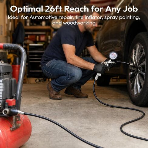 1/4" Air Compressor Hose, 26ft 300 PSI Air Line, 3-Layer PVC, Black | Heavy Duty Air Hose with 900 PSI Max Pressure, Flexible & Kink-free, NPT Plug & IM Quick Coupler, for Pneumatic Tools in Kuwait
