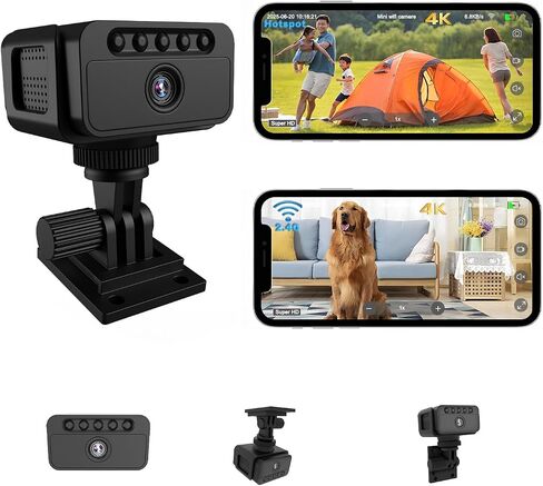 Mini Camera, 4K No WiFi Security Camera, Works with or Without WiFi, Wireless Indoor Outdoor Small Cameras with Night Vision, Motion Detection, Multiple Mounts, for Home Pet, Black in Kuwait
