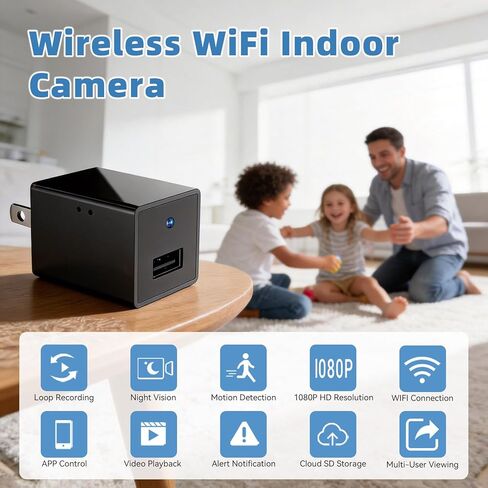 1080P HD WiFi Wireless Camera Charge for Home with App Control & Motion Detection,Indoor Security Camera with USB Phone Charge, Night Vision & Loop Recording for Office,Garage,Shop,Pet in Kuwait