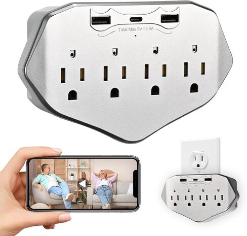 Hidden Camera Wall Outlet Extender, 1080P HD WiFi Spy Camera with 4 AC Outlets, USB & Type-C Ports, Motion Detection, Loop Recording, Remote View for Home/Office Security in Kuwait