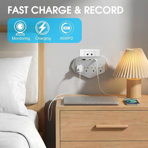 Hidden Camera Wall Outlet Extender, 1080P HD WiFi Spy Camera with 4 AC Outlets, USB & Type-C Ports, Motion Detection, Loop Recording, Remote View for Home/Office Security in Kuwait