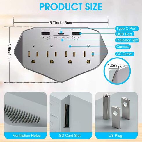 Hidden Camera Wall Outlet Extender, 1080P HD WiFi Spy Camera with 4 AC Outlets, USB & Type-C Ports, Motion Detection, Loop Recording, Remote View for Home/Office Security in Kuwait