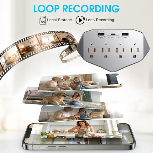 Hidden Camera Wall Outlet Extender, 1080P HD WiFi Spy Camera with 4 AC Outlets, USB & Type-C Ports, Motion Detection, Loop Recording, Remote View for Home/Office Security in Kuwait