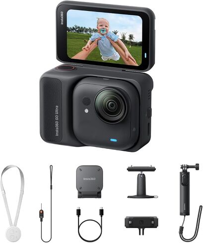 Insta360 GO Ultra Creator Bundle - Small 4K Vlogging Camera, Hands-Free, POV Cam, 1/1.28" Sensor, 53g Lightweight, 156° FOV, 200 Min Battery Life, Magnetic Wearable Action Camera for Sports, Vlog in Kuwait