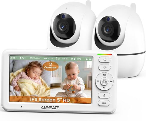 ANMEATE 5" Split Screen Baby Monitor with 2 Cameras | No WiFi Secure FHSS, Remote PTZ, 1000ft Range, 30-Hour Battery, Auto Night Vision, Room Temperature, Two-Way Audio Intercom in Kuwait
