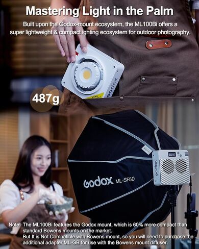 Godox ML100Bi 120W Bi-Color LED Video Light, 2800K-6500K COB Continuous Output Lighting with Reflector, Adapter for Filmmaking, Live Streaming, Video and Studio Photography in Kuwait