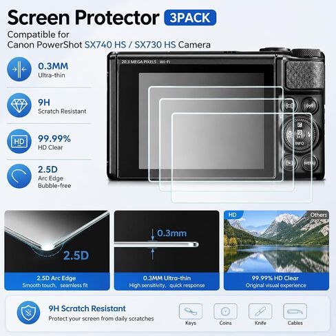 [3-Pack] Screen Protector for Canon PowerShot SX740 HS SX730 HS Camera | Canon SX740/PowerShot SX740 HS Screen Protector With 9H Tempered Glass, HD Clarity, 2.5D Edges, And 3-pack Value Set in Kuwait