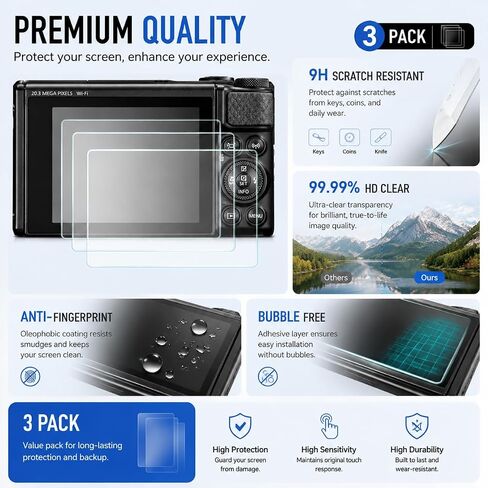 [3-Pack] Screen Protector for Canon PowerShot SX740 HS SX730 HS Camera | Canon SX740/PowerShot SX740 HS Screen Protector With 9H Tempered Glass, HD Clarity, 2.5D Edges, And 3-pack Value Set in Kuwait