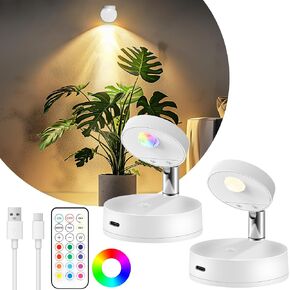 4 Pack Rechargeable LED Spotlight for Indoor, Wireless RGB Battery Operated Spot Light with Remote, Magnetic Picture Lamp with Rotatable Head, Ceiling Uplight Puck Lights for Plant Portrait Artwork in Saudi Arabia