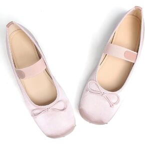 LUXINYU Women's Satin Mary Jane Ballet Flats Square Toe Bow Knot Elastic Strap Slip On Ballerina Shoes Comfort Soft Sole Casual Dress in Saudi Arabia