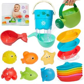 16PCS Baby Bath Toys for Kids Ages 1-3, Mold Free No Hole Bath Toy Set, Easy Clean Bathtub Pool Water Table Toys for 1 2 3 Year Old, Floating Boats Bucket Watering Can Bath Toys for Babies 12+ Months in Kuwait