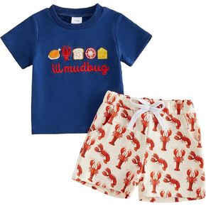 Toddler Baby Boy Summer Outfit Crawfish T-shirt Tops Plaid Shorts Set | Baby Boy Lobster Outfit Short Sleeve Shirts And Elastic Waist Shorts 2Pcs Beach Clothes for Boys 0-7 Years Old in Saudi Arabia