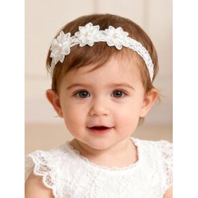 Baby Girls Hairband White Bow Lace Headbands Handmade Soft Stretchy Wide Head Band Newborn Hairbands with Bows Pearls Elastic Headband for Infant Hair Accessories（Beige Lace Flower） in Saudi Arabia