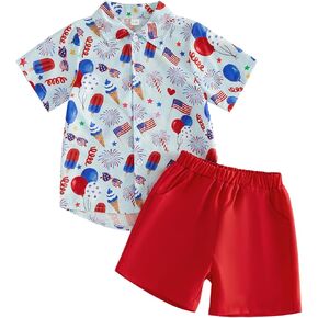 4th of July Outfit Baby Boy Clothes Set Patterned Short-Sleeve Button Down Shirt and Shorts 2 Piece Holiday Outfits in Kuwait