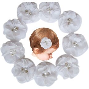 Baby Girls Chiffon Flower Hair Clips with Rhinestones and Pearl,YYCRAFT 10 pcs Party Wedding 2" Hair Accessory for Kids Toddler Infant Girls(Snow White) in Kuwait