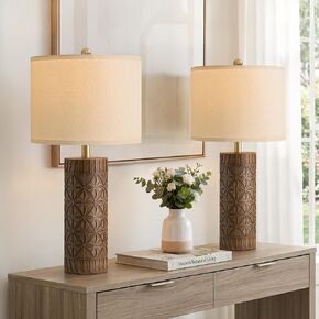 BOBOMOMO 26" Farmhouse Table Lamps Set of 2 - Vintage Leaf Design, Rustic Resin Nightstand Lamps for Bedroom, Living Room, Nursery, Hallway, Elegant Living Room Lamps with Linen Shades Antique Brown in Kuwait
