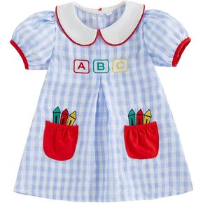 1-6T Girl Back to School Blue Plaid Apple Dress with Pocket | Toddler and Little Girls School Season Apple Dress First Day of School Outfits One Piece Doll Collar A-Line Dress in Saudi Arabia