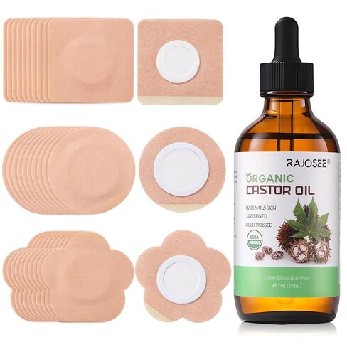 30Pcs Castor Oil Pack Wrap for Belly Button with 4oz Organic Castor Oil in Glass Bottle, Highly Absorbent Cotton Belly Button Patches Self Adhesive in Kuwait