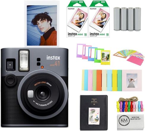 Fujifilm Instax Mini 41 Instant Camera Bundle with Instax Mini Film | 20 Exposures + 4 Pack AA Batteries + Album, Borders, Stickers & Clips + Cleaning Cloth (5 Items) in Kuwait