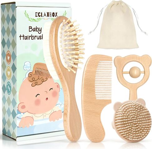 Baby Hair Bush and Comb Set, 5 Pack Wooden Baby Brush with Soft Goat Bristle for Newborns and Toddlers, Perfect for Cradle Cap, Baby Registry Gift, Infant Essentials Care Kit in Kuwait